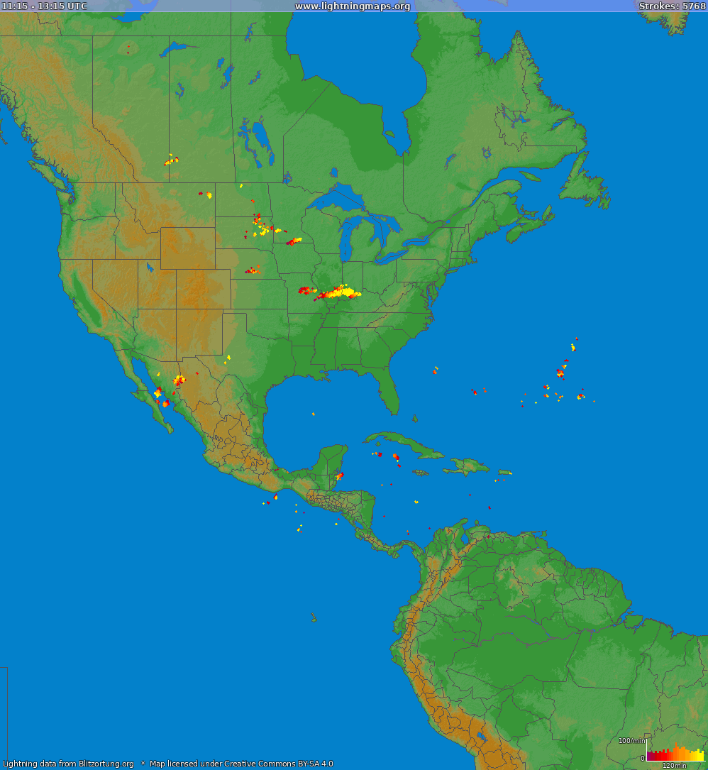 Lightning map North America 2024-07-04 11:17:53 UTC